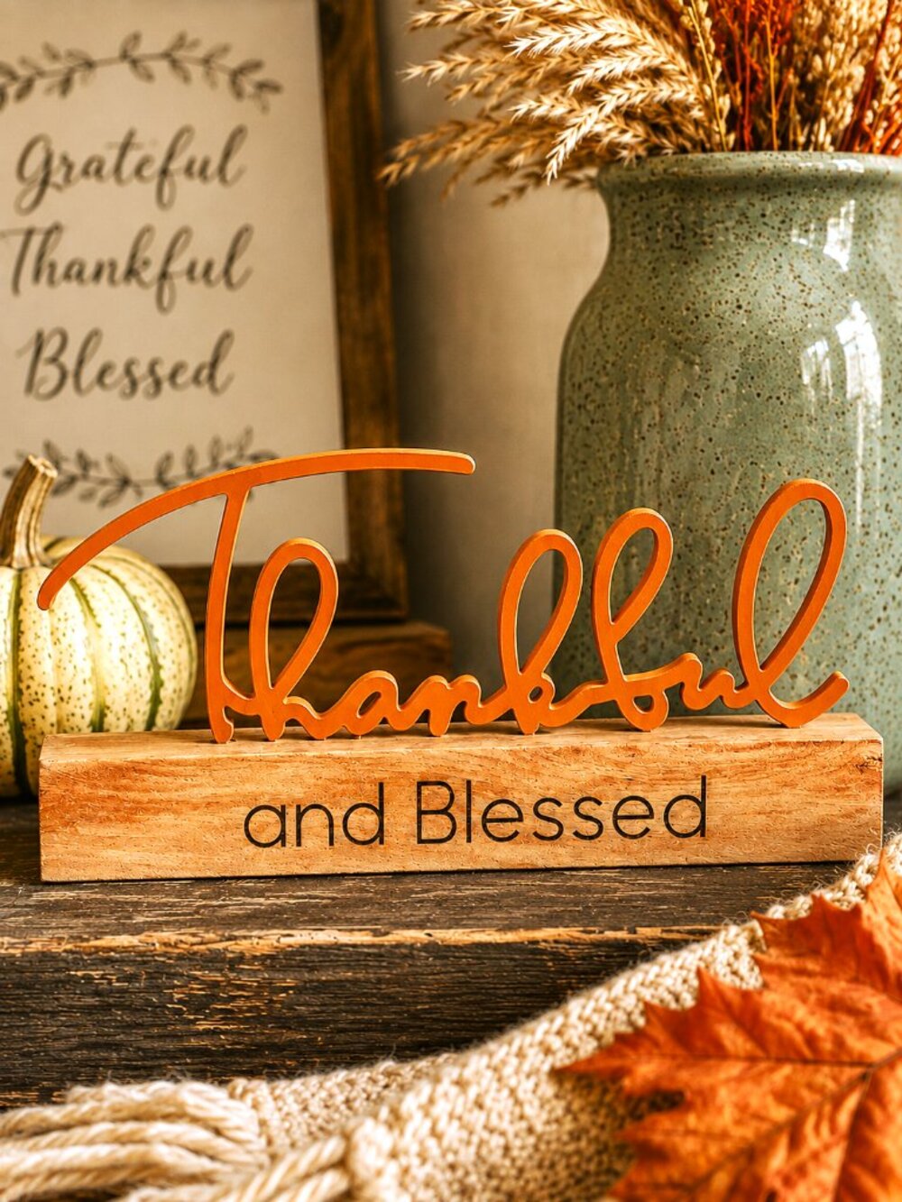 Thankful & Blessed Fall Autumn Tabletop Sign Rustic Farmhouse Thanksgiving Décor